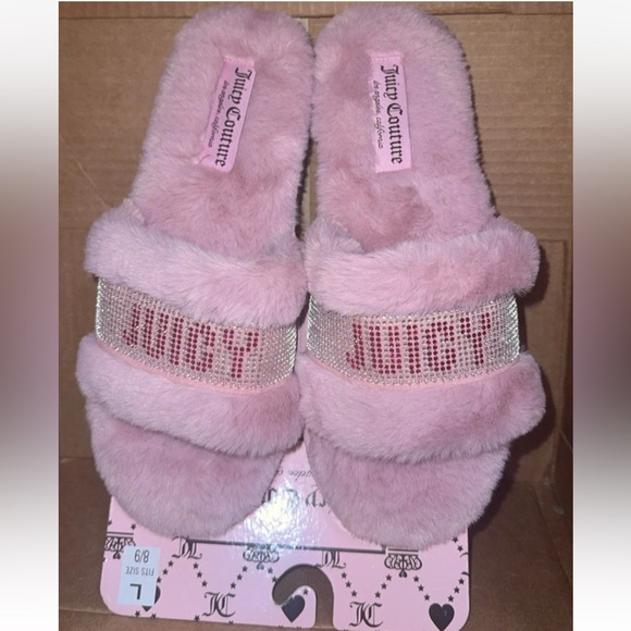 Juicy Couture Pink Plush Slides with Rhinestone Detail 8/9 - Picture 1 of 1